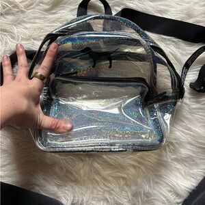 PINK Victoria's Secret Clear Holographic Mini Backpack with Black Trim